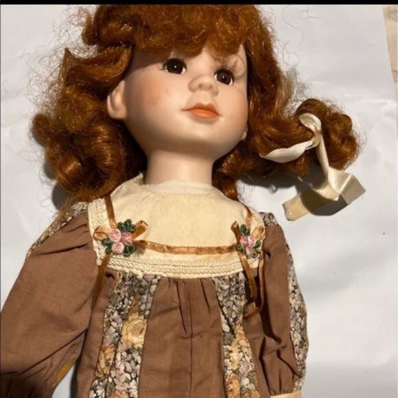Vintage cloth and porcelain doll, curly hair with one piece romper and socks - Picture 1 of 7